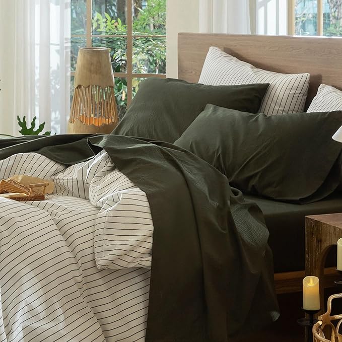 MooMee Bedding Sheet Set 100% Washed Cotton Linen Like Textured Breathable Durable Soft Comfy (Solid Olive Green, King)