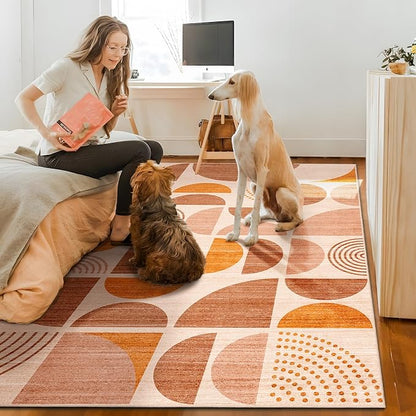 MUJOO Boho Rug Washable,4x6.5 Area Rugs for Bedroom Living Room Bedside Office,Throw Floor Carpet Non Slip Soft Indoor Modern Abstract Bohemian Orange