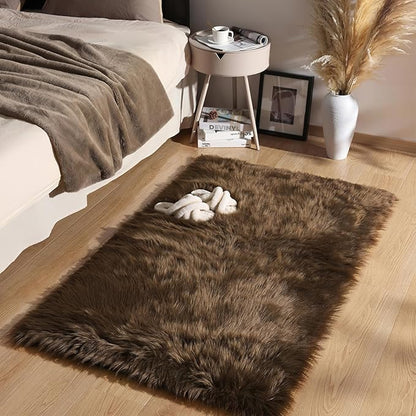Ashler Faux Fur Rug - Fluffy Shaggy Area Rug, Ultra Soft 3 x 5 Feet Sheepskin Fur, Dark Coffee Fuzzy Machine Washable Shag, Nursery Decor Throw for Bedroom, Living Room, Kids Room