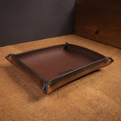 Valet Tray – Full-Grain Leather Catchall Organizer for Keys, Phone & Wallet – Rustic Nightstand & Desk Tray with Raised Sides – Handmade in USA (Vintage Brown, Medium Rectangle)