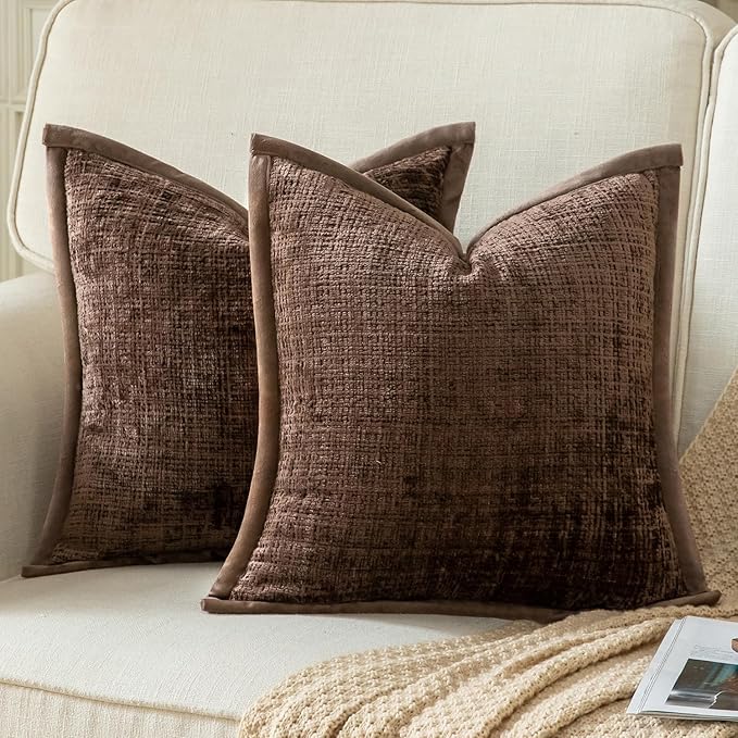 Yaertun Pack of 2 Chenille Textured Decorative Throw Pillow Covers Accent Solid Cushion Cover Soft Cozy Pillow Case with Velvet Back for Couch Sofa Bed Living Room 22x22 Inch Coffee