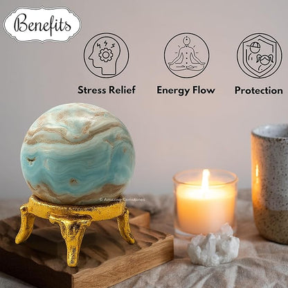 Amazing Gemstone Caribbean Calcite Crystal Ball with Stand - 1.5" Inches Crystal Sphere Meditation Balls for Witchcraft and Decorative Balls