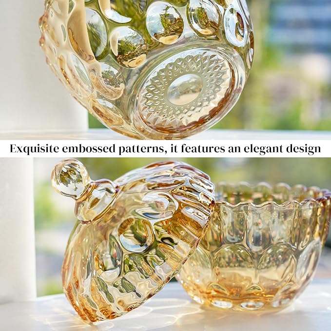 kanpura 11.5OZ Glass Candy Dish with Lid Candy Jars with lid Decorative Glass Storage Jar Cookie Jar with Lids for Office Desk Coffee Table Buffet Decor (Amber)