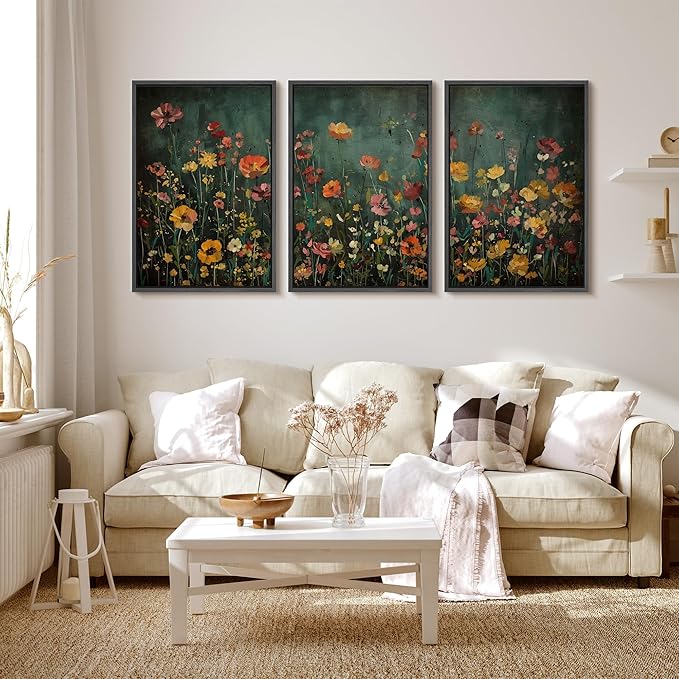 MUDECOR Framed Wall Art Print Set Vintage Wildflower Meadow with Colorful Blooms Illustrations Modern Art Boho Decorative Colorful Chic for Living Room, Bedroom, Office - 24"x36"x3 Black