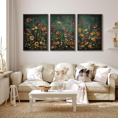 MUDECOR Framed Wall Art Print Set Vintage Wildflower Meadow with Colorful Blooms Illustrations Modern Art Boho Decorative Colorful Chic for Living Room, Bedroom, Office - 24"x36"x3 Black