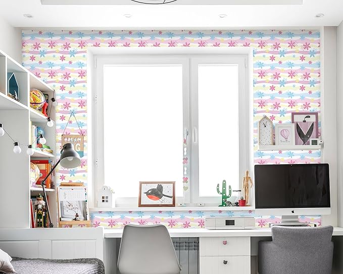 FLFK Wallpaper Border, Rainbow Flowers Peel and Stick Wall Border Self Adhesive Wall Paper Borders for Bedroom Living Room Girl's Room Kitchen Bathroom 7"x240"