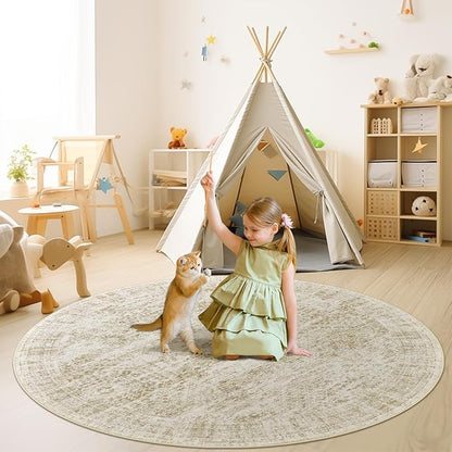 9x9 Beige Round Rug 9ft Living Room Circle Rug Vintage Round Area Rug Non Slip Indoor Carpet for Apartment
