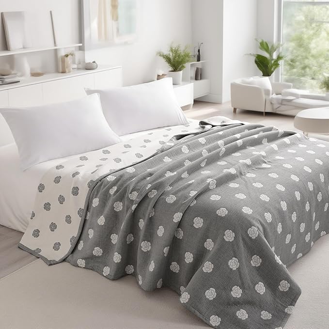 NTBAY 3 Layers Cotton Muslin 68x92 Twin Bed Blanket, Super Soft Breathable Thermal Yarn Dyed Quilt for Adults, Perfect Lightweight Blanket for Couch Sofa Bed All Seasons, Grey Rose