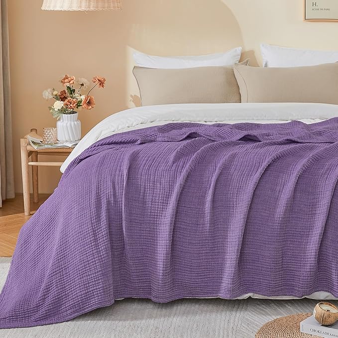 EMME Cotton Muslin King Blanket Bed Layering Breathable Gauze Blanket Soft Lightweight Blankets Adults (Purple, 108"x90")
