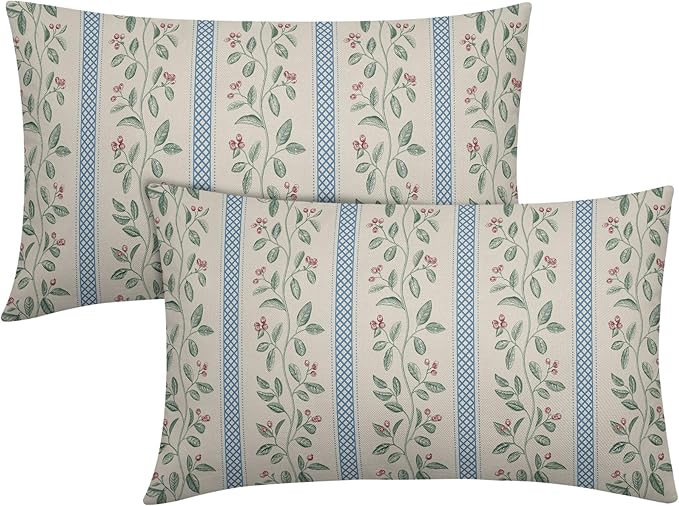 Vintage Floral Pillow Covers 12x20 Set of 2 Striped Boho Decor Blue Green Pillowcases Summer Printed Grand Millenial Throw Pillow Covers Soft Cozy with Zipper for Sofa Bed Chair Home Decoration