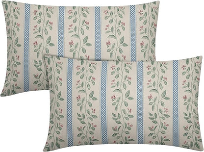 Vintage Floral Pillow Covers 12x20 Set of 2 Striped Boho Decor Blue Green Pillowcases Summer Printed Grand Millenial Throw Pillow Covers Soft Cozy with Zipper for Sofa Bed Chair Home Decoration