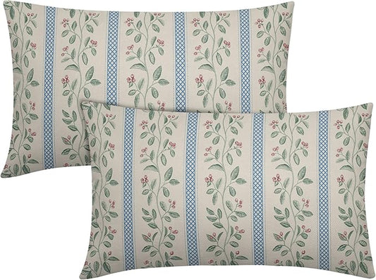 Vintage Floral Pillow Covers 12x20 Set of 2 Striped Boho Decor Blue Green Pillowcases Summer Printed Grand Millenial Throw Pillow Covers Soft Cozy with Zipper for Sofa Bed Chair Home Decoration