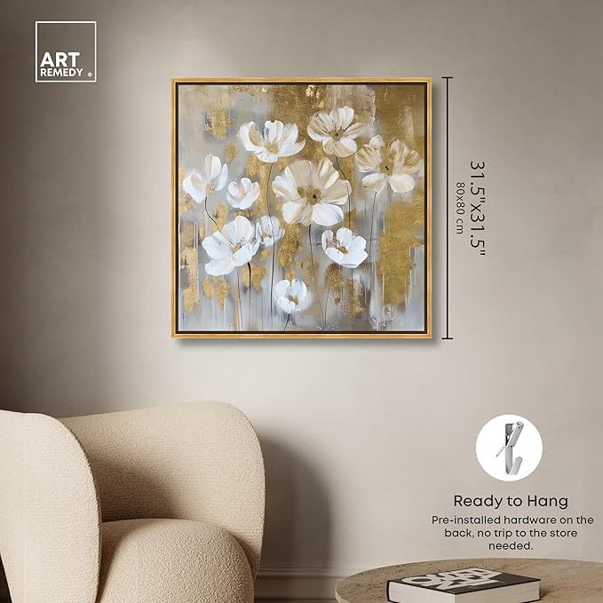 Art Remedy Golden Daisies Canvas Elegant White Gold Wall Art, Gold Frame, 30" x 30"