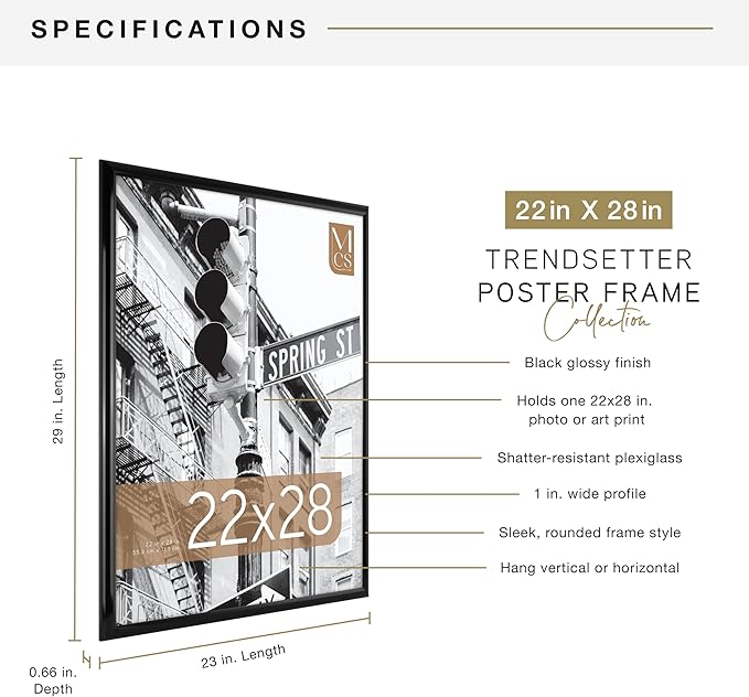 MCS Trendsetter 22x28 Poster Frame Black High-Gloss, Vertical & Horizontal Wall Hanging Large Picture Frame for Photos, Posters & Art Prints (1-Pack)