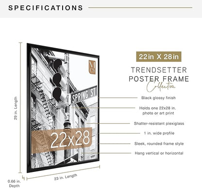 MCS Trendsetter 22x28 Poster Frame Black High-Gloss, Vertical & Horizontal Wall Hanging Large Picture Frame for Photos, Posters & Art Prints (1-Pack)