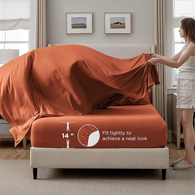 Bedsure King Size Comforter Set Burnt Orange - Bed in a Bag Bedding Set 7 Pieces, GentleSoft™ Pintuck Bed Set Gift for Family, Pinch Pleat Burnt Orange Comforter with Sheets, Pillowcases & Shams