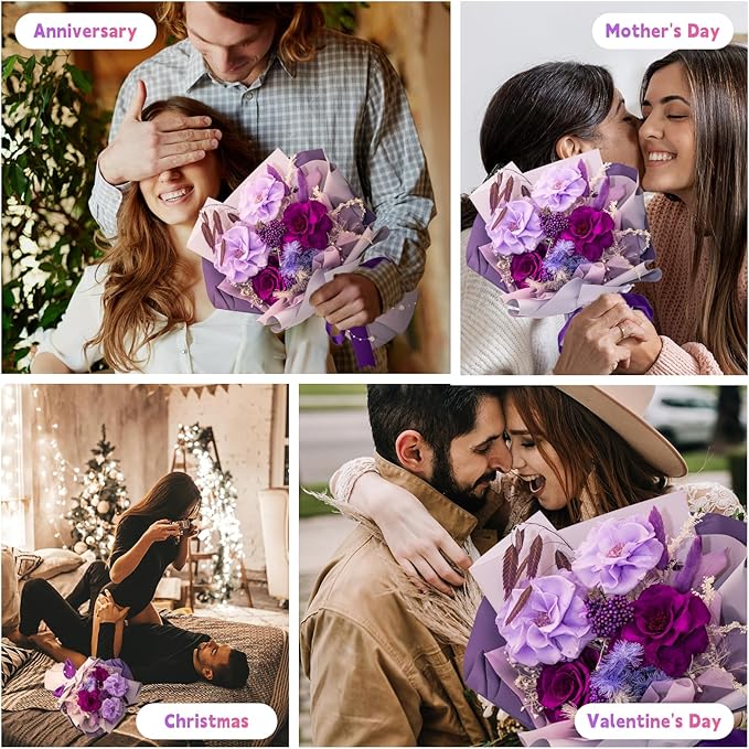 HUACHIPLUS Preserved Rose Bouquets: Fresh Flowers Bouquet- Romantic Gifts for Mom Wife Girlfriend Women-Flowers for Delivery Prime on Christmas Valentines Day Anniversary Mothers Day Birthday(Violet)