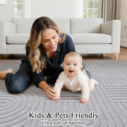SHACOS Soft Cozy Fluffy Arch Pattern High Low Pile Rugs 4'x6' Non Slip Washable Scandinavian Minimalist Rug Modern Geometric Arc Carpet for Living Room Bedroom Dining Room, Light Grey