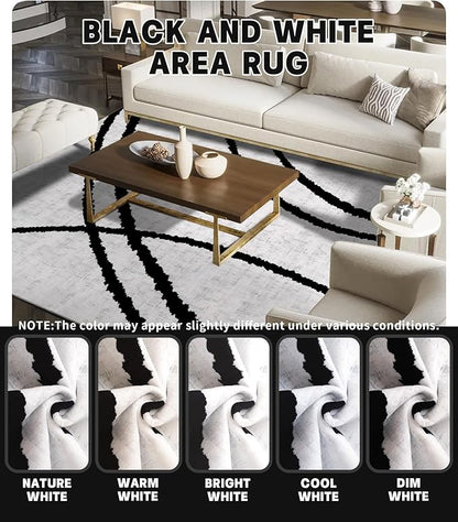 YIHOUSE Modern Area Rugs for Living Room, 8x10 Washable Black and White Rug, Thin Abstract Geometric Striped Rug, Area Rug for Bedroom,Kitchen,Dining Room,Office