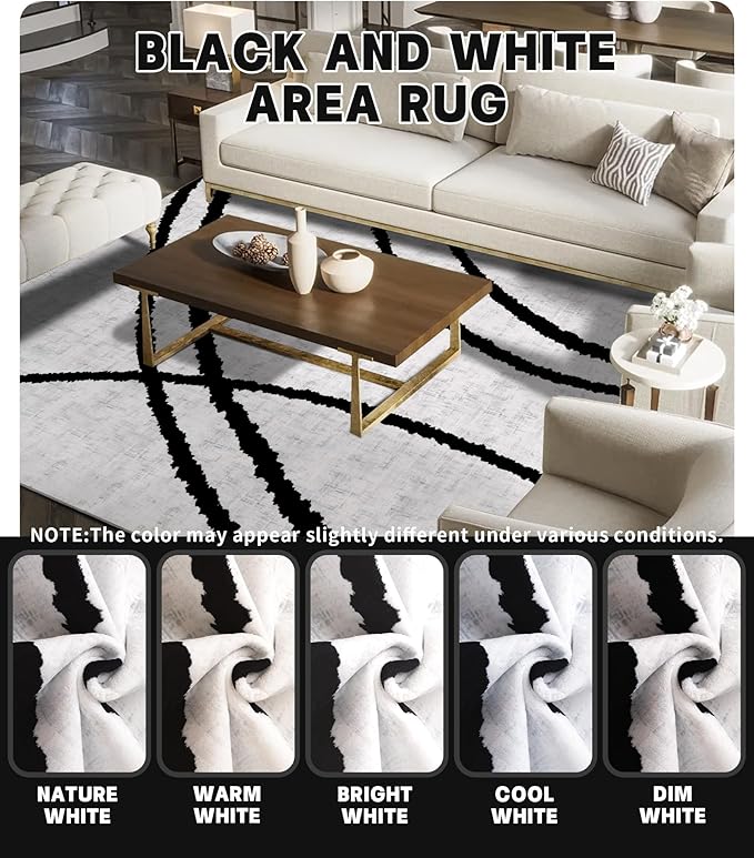 YIHOUSE Modern Area Rugs for Bedroom,5x7 Washable Black and White Rug, Thin Abstract Geometric Minimalist Striped Rug, Black Rugs for Bedroom,Kitchen,Dining Room Office