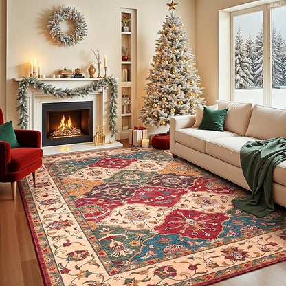 Lessymo Moroccan Washable Area Rugs 5x7, Soft Rugs for Living Room Bedroom, Indoor Non-Slip Large Vintage Carpet for Entryway Home Office, Classic Red and Cream