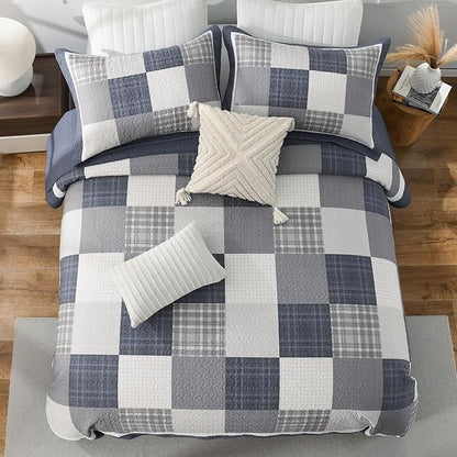 100% Cotton Quilts King Size, King Quilt Bedding Set Bedspread, Patchwork Plaid Quilt for King Bed, 3 Pieces Farmhouse Reversible Lightweight Comforter Bed Spread, Blue/Beige/White