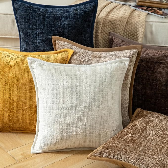 Yaertun Pack of 2 Chenille Textured Decorative Throw Pillow Covers Accent Solid Cushion Cover Soft Cozy Pillow Case with Velvet Back for Couch Sofa Bed Living Room 20x20 Inch Cream White