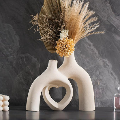 Modern Ceramic Vase, Snuggle Heart-Shaped Abstract Sculpture Vases, Minimalist Boho Home Decor for Living Room Shelf & Table Centerpiece Decorative Vase (Milky White)