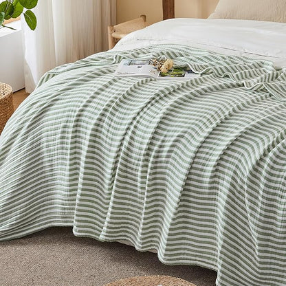 EMME Cotton Muslin King Blanket Bed Layering Bedspread Coverlet Breathable Gauze Soft Lightweight (Striped Sage Green, 108"x90")