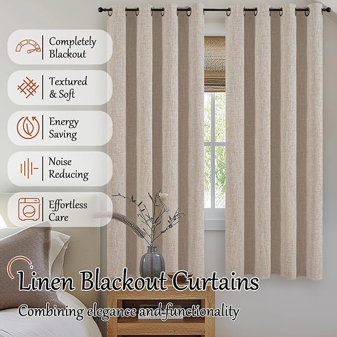Lajode Beige 100% Blackout Curtains for Living Room 72 Inch Length 2 Panels Set, Thermal Insulated Light Blocking Polyester Linen Curtains for Bedroom, Bronze Grommet Boho Window Drape Each 52" Wide