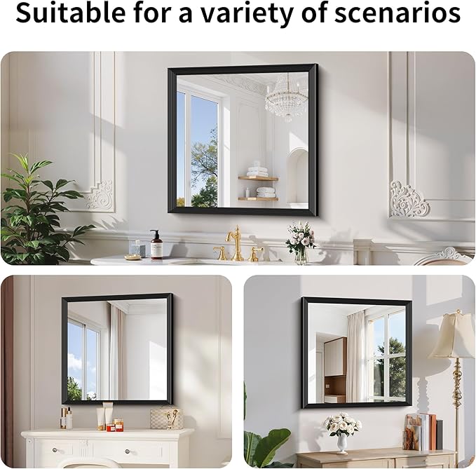 Black Bathroom Mirror 30 x 30 Inch Rectangle Wave Beveled Frame for Wall Bathroom Vanity Mirror for Over Sink, Tempered Glass,for Entryway Hangs, Bathroom Living Room Horizontal or Vertical