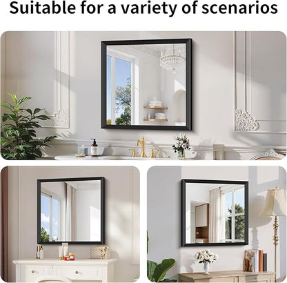 Black Bathroom Mirror 30 x 30 Inch Rectangle Wave Beveled Frame for Wall Bathroom Vanity Mirror for Over Sink, Tempered Glass,for Entryway Hangs, Bathroom Living Room Horizontal or Vertical