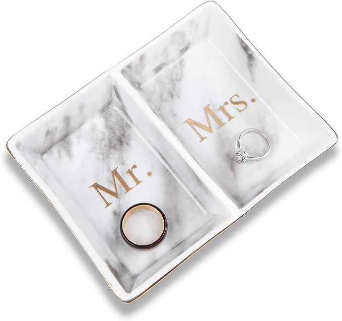 Aller Home & Kitchen Mr. & Mrs. Ring Dish - Marble Design Trinket Dish, Couples Ring Holder Dish - His and Hers Two Section Jewelry Dish Tray, Great for Wedding and Engagement Gifts