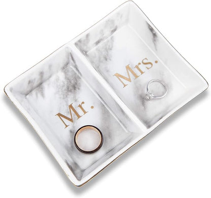 Aller Home & Kitchen Mr. & Mrs. Ring Dish - Marble Design Trinket Dish, Couples Ring Holder Dish - His and Hers Two Section Jewelry Dish Tray, Great for Wedding and Engagement Gifts