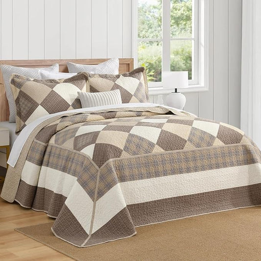 Oversized King Bedspread 128"x120" - 100% Cotton Lightweight California King Quilt with 2 Pillowshams, Printed Diamond Extra Wide Quilted Bedding Coverlet for All Season, Brown/Beige/Khaki