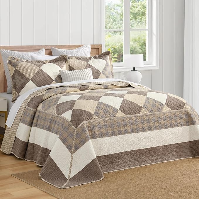Farmhouse Bedspread King Size 120"x120" - 100% Cotton Lightweight Oversized King Quilt with 2 Pillowshams, Printed Diamond Quilted Bedding Coverlet for All Season, Brown/Beige/Khaki
