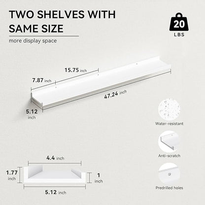 Boswillon 47.2 Inches Long Floating Shelves, 2 Set Modern Wall Shelf for Bedroom, Nursery Book Shelf with Lip, Picture Ledge Shelf for Wall Decor Living Room Bathroom Kitchen - White
