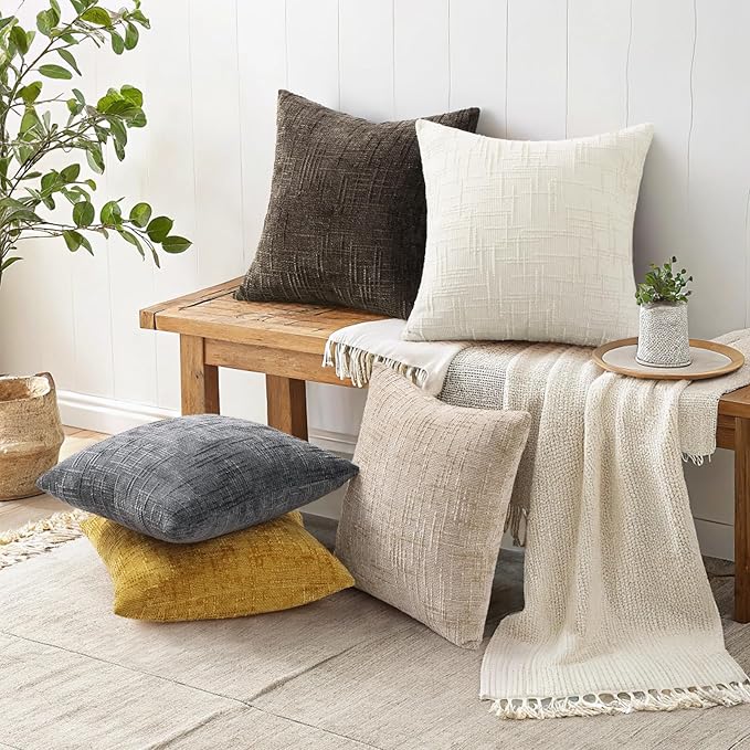 decorUhome Mustard Yellow Chenille Throw Pillow Covers 16x16 Set of 2 Textured Slubby Couch Pillow Covers Farmhouse Accent Modern Neutral Decorative Pillow Cases for Bed Sofa Living Room