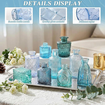 Set of 30 Blue Colored Glass Bud Vases - Small Textured Flower Vases for Centerpieces, Wedding Table Decor, Retro Home Decor Bulk Vase Set for DIY, Events & Gifts