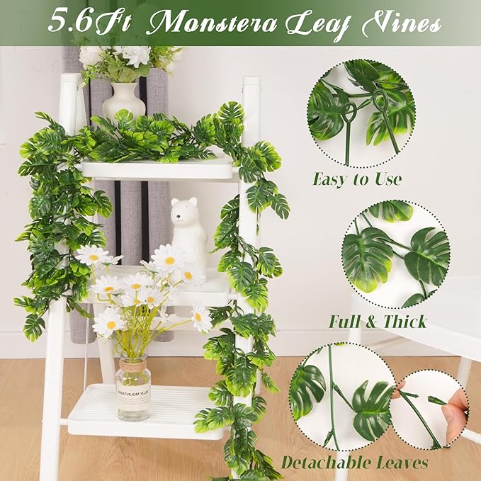 Dolicer 4Pcs Artificial Monstera Leaf Vines, 5.6Ft Fake Hanging Greenery Plants Tropical Palm Leaves Ivy Vine Monstera Garland for Home Garden Porch Patio Hawaiian Party Indoor Outdoor Décor