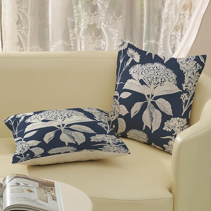 Blue Pillow Covers 18x18 Set of 2 Boho White Floral Throw Pillows Hydrangea Herbs Botanical Decoration Pillowcase Linen Farmhouse Vintage Flower Cushion Case Outdoor Decorative for Couch Sofa