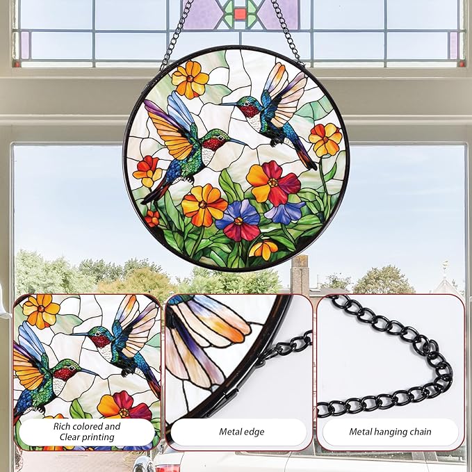 Rngmsi Hummingbird Stained Glass Window Hanging Gifts, 7.8″ Flower Sun Catchers for Indoor Window Decorations, Decorative Suncatchers Home Wall Art Gift for Thanksgiving Christmas Wedding Housewarming