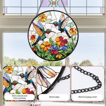 Rngmsi Hummingbird Stained Glass Window Hanging Gifts, 7.8″ Flower Sun Catchers for Indoor Window Decorations, Decorative Suncatchers Home Wall Art Gift for Thanksgiving Christmas Wedding Housewarming