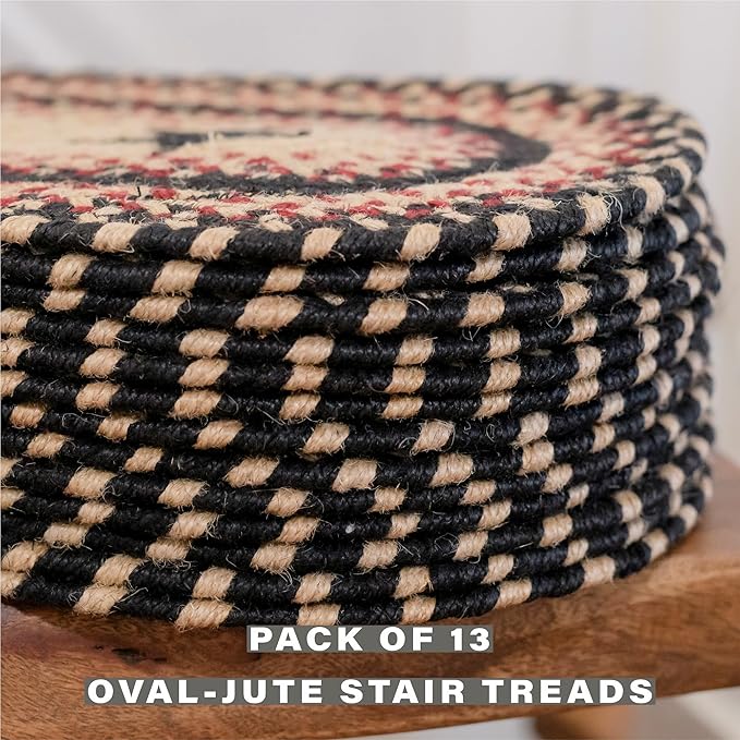 Homespice Primitive Star Gloucester Jute Braided Staircase Step Treads, Warm Primitive Decor, Set of 13, Black and Red 8x28 Oval Rug for Stairs - Easy to Clean, Tightly Stitched and Durable