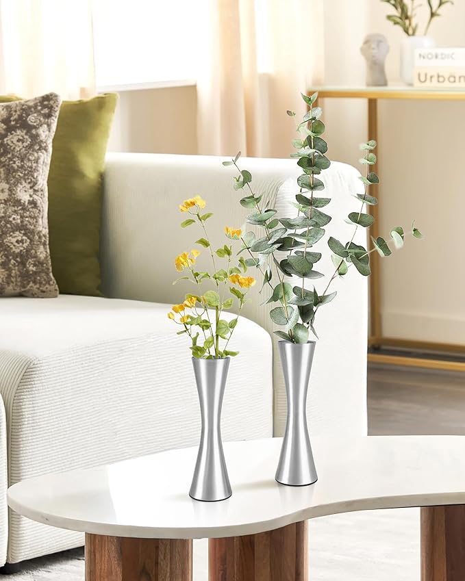 Vixdonos 6.7 inch Brass-Toned Metal Vase Small Flower Vase Set of 2 Modern Decorative Vase for Home Decor, Wedding or Gift(Silver)