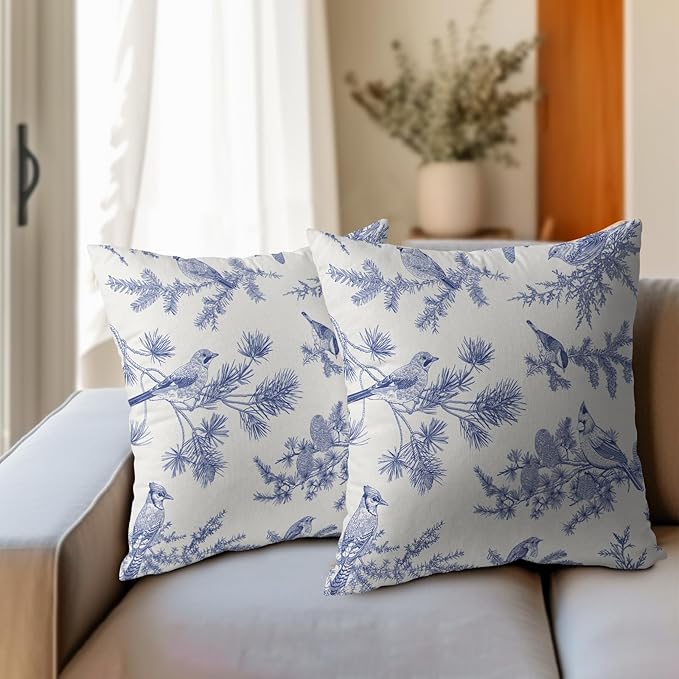 White Blue Bird Pillow Covers 22x22 Set of 2 Decorations Chinoiserie Vintage Throw Pillow Covers Decor Rustic Pillowcases Oriental Pattern Farmhouse Cozy Soft for Sofa Bed Chair Home Decorative