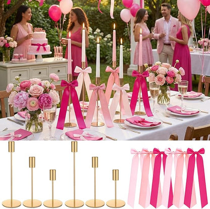 6 Set Pink Party Decorations, 6 Candle Holders and 6 Ribbon Bow, Metal Brass Gold Candlestick Holders for Table Wedding Bachelorette Birthday Party Supplies