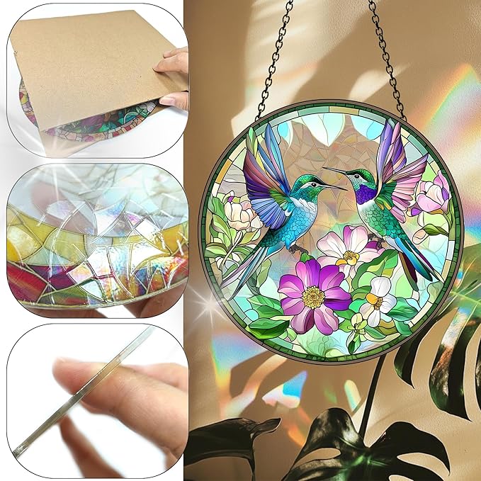 VAIIEYO Hummingbird Acrylic Sun Catcher Window Hanging Decoration, 7.8 Inch Double-Sided Light Reflecting Ornament for Window, Garden, Porch or Balcony Decor, Housewarming, Gift for Natural Lovers