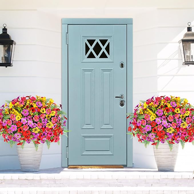 Artificial Faux Plants Flowers Outdoor Decoration,16 Bundles Fake Silk Colorful Daisy Eucalyptus Realistic UV Resistant for Outside Home Planter Porch Patio Yard Decor (Mix Purple Pink Yellow Red)