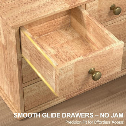 Oak Desk Organizer with Drawers, Wooden Desktop Storage Box with Metal Handles & Non-Slip Silicone Pads, 5 Drawer Tabletop Organizer for Office, Bedroom, Bathroom, Vanity, Makeup – Light Burnt Brown